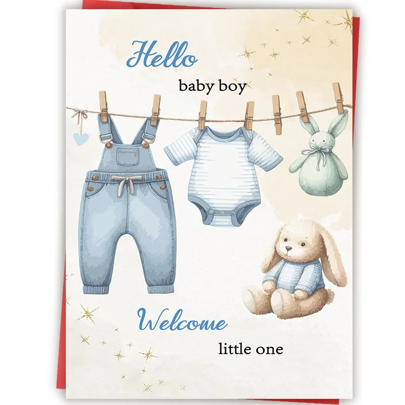 Blue Watercolor Baby Clothes Card for New Boy