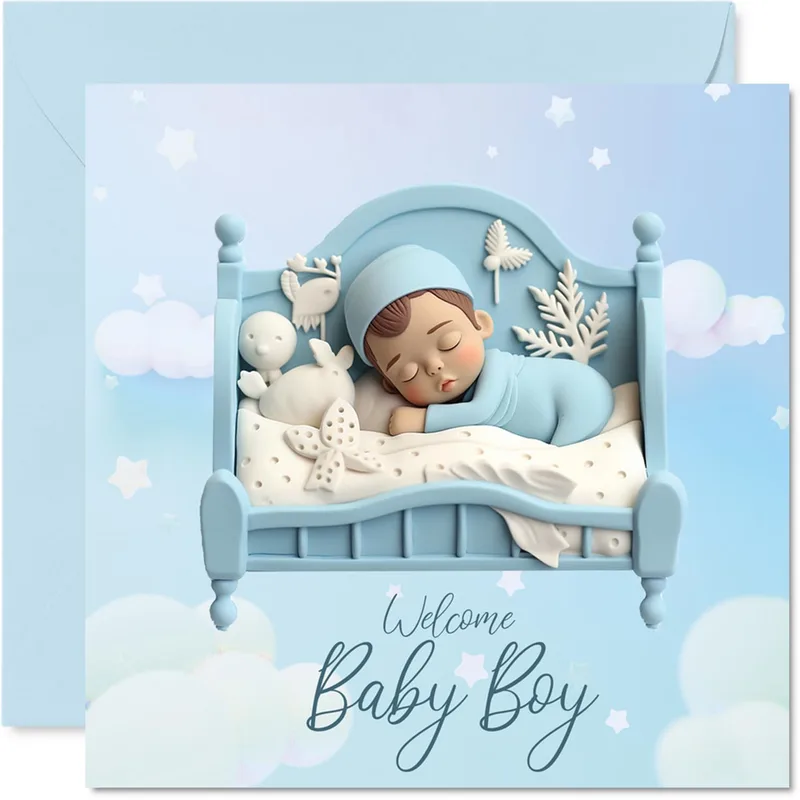 Blue Sleeping Baby Bed Card for a New Baby Boy