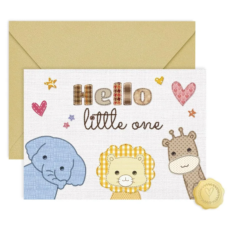 Hello Little One Card: Patchwork Safari Animals Greeting