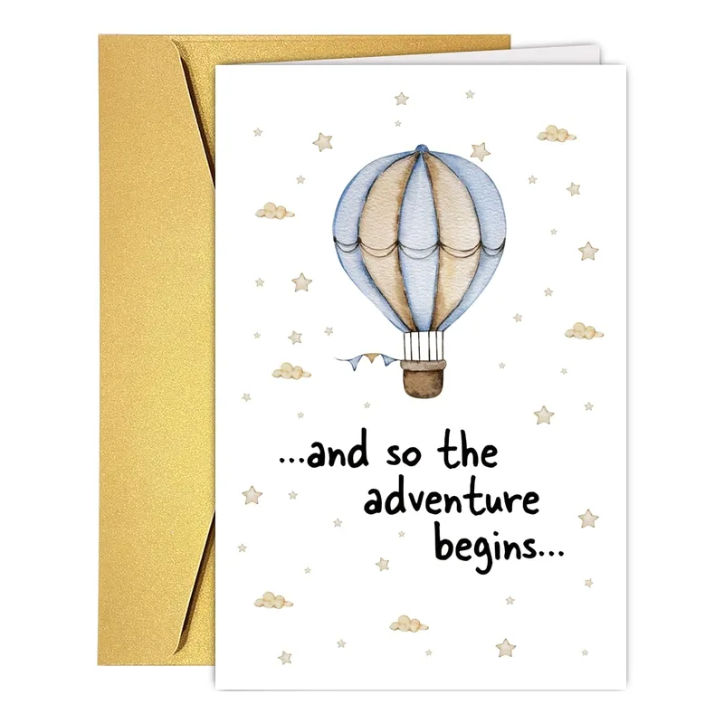 And So the Adventure Begins Card – Blue hot air balloon with ...and so the adventure begins... text – Greeting Card in black