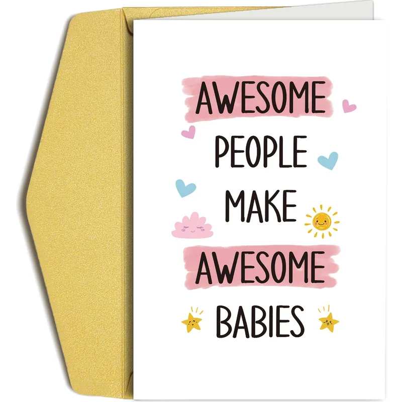 Pink Watercolor Cute Doodles Card for New Parents and Baby Showers