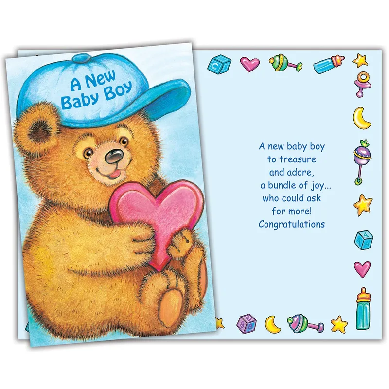 Teddy Bear Holding Heart Card for a New Baby Boy