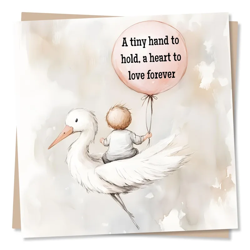 A Tiny Hand Card: Stork and Pink Balloon New Baby Card