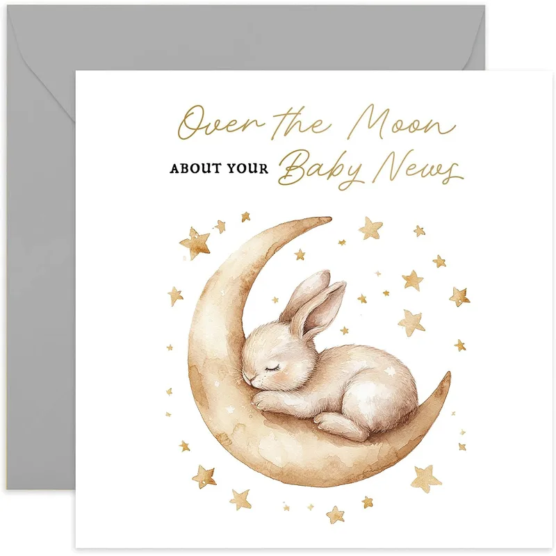 Over the Moon About Card – Greeting card reading Over the Moon About Your Baby News – Greeting Card in black