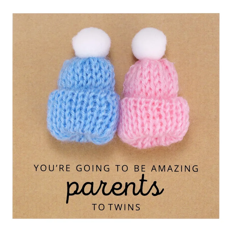 New Parents Twins Card with Blue and Pink Knitted Hats