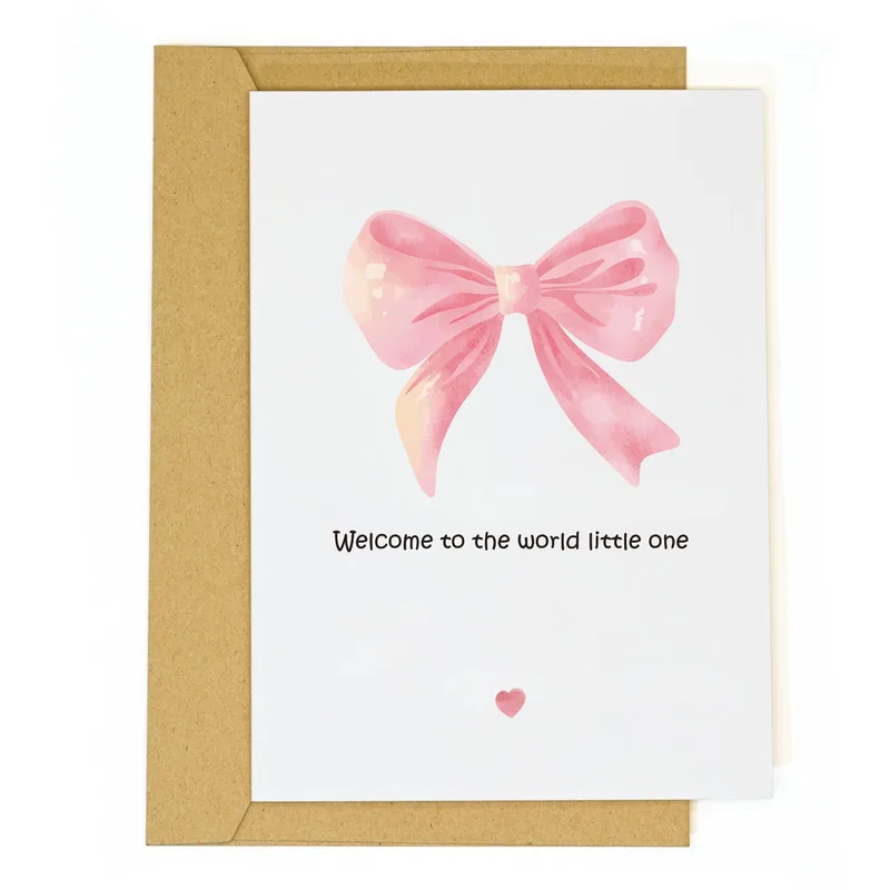 Pink Watercolor Bow Card for a New Baby Girl