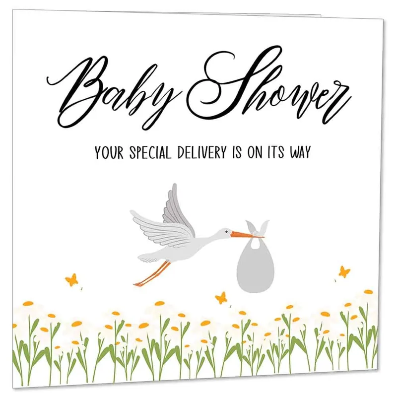 Your Special Delivery Card – Baby Shower card with stork carrying bundle over daisies – Greeting Card in black