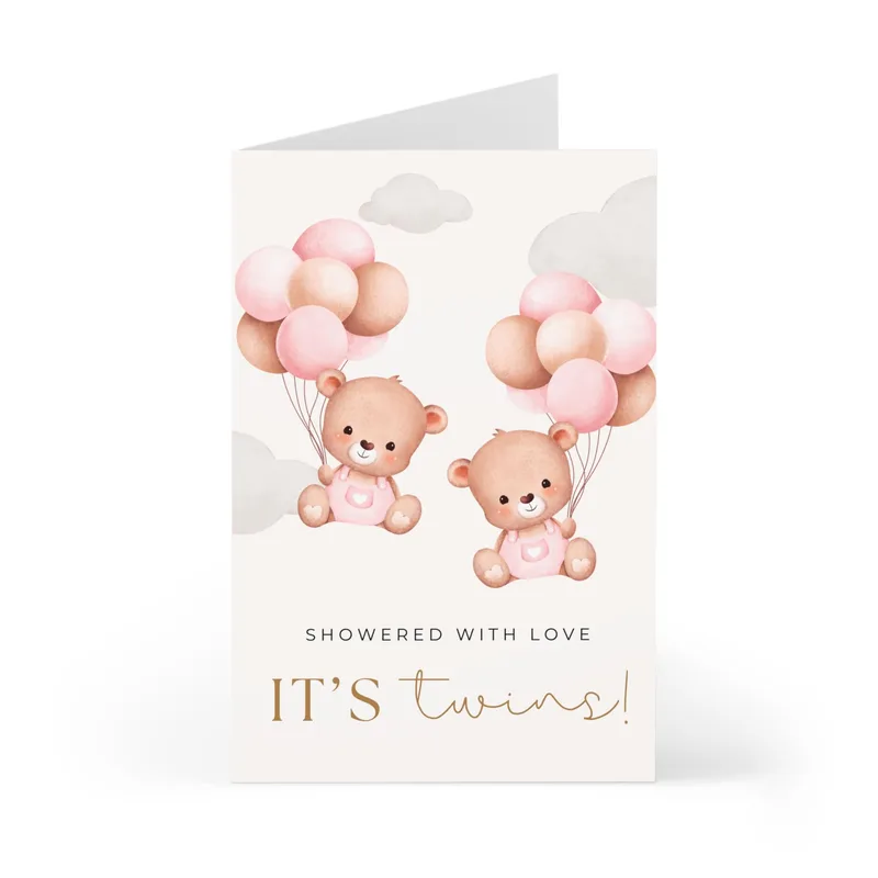 Pink Twin Bears Card for a Double Baby Celebration