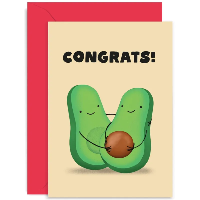 Avocado Hug Card – Cartoon avocados hugging with CONGRATS! printed above – Greeting Card in black