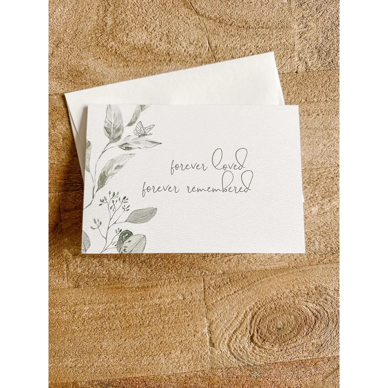 In Memory Card with Sage Watercolor Leaves and Butterfly