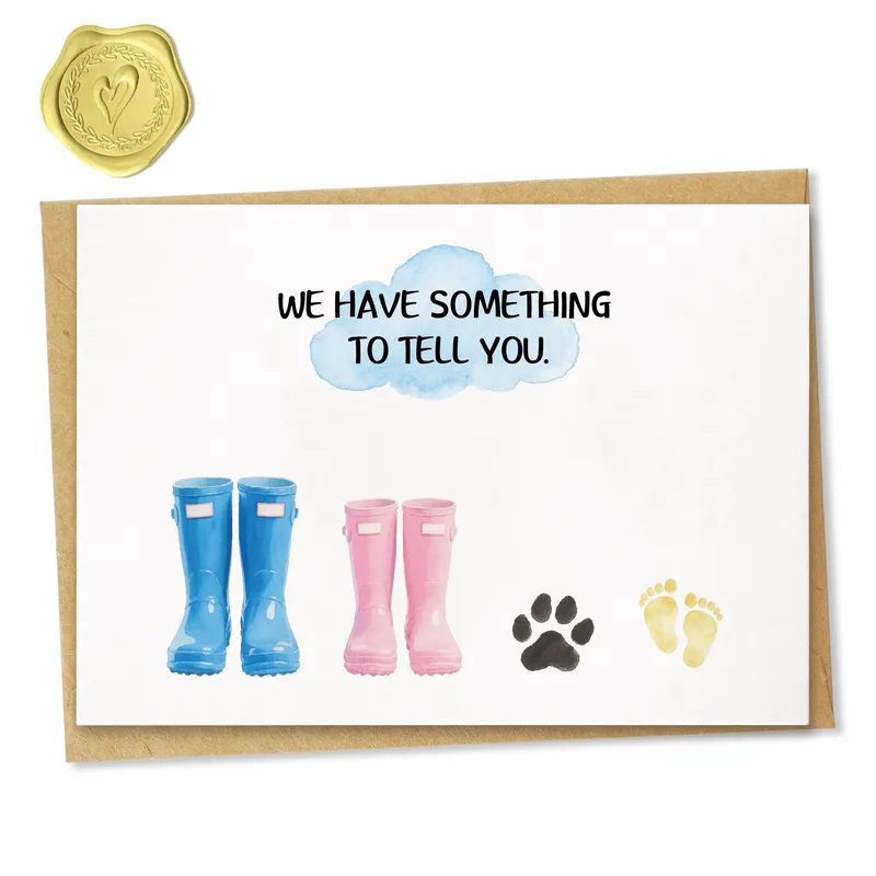 We Have Something Card: Blue and Pink Boots Announcement