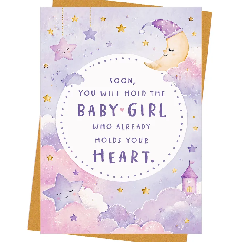 Soon You Will Hold Card – Purple watercolor moon and stars with the words Baby Girl – Greeting Card in black