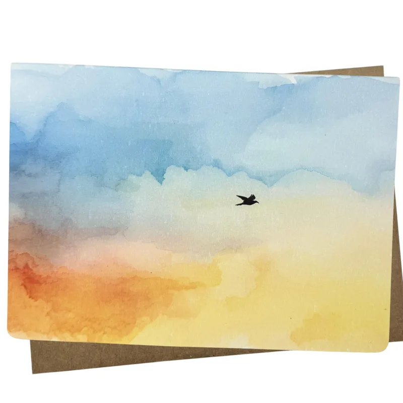 Watercolor Sky Card with a Single Bird in Flight