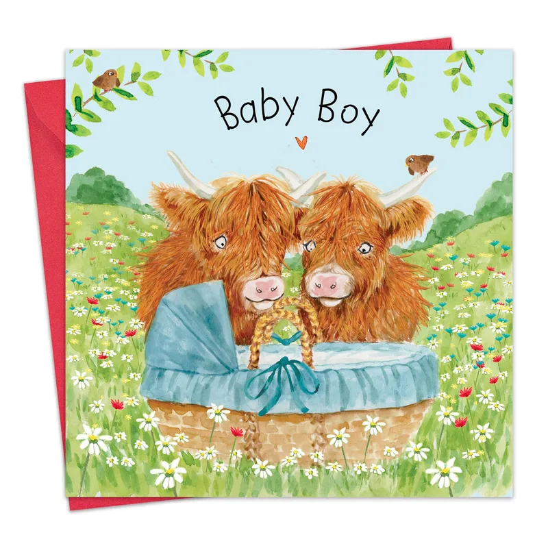 Highland Cows Watercolor Card for a New Baby Boy