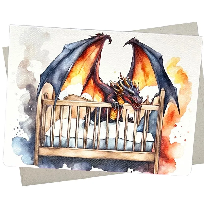 Watercolor Dragon in Crib Card for New Parents