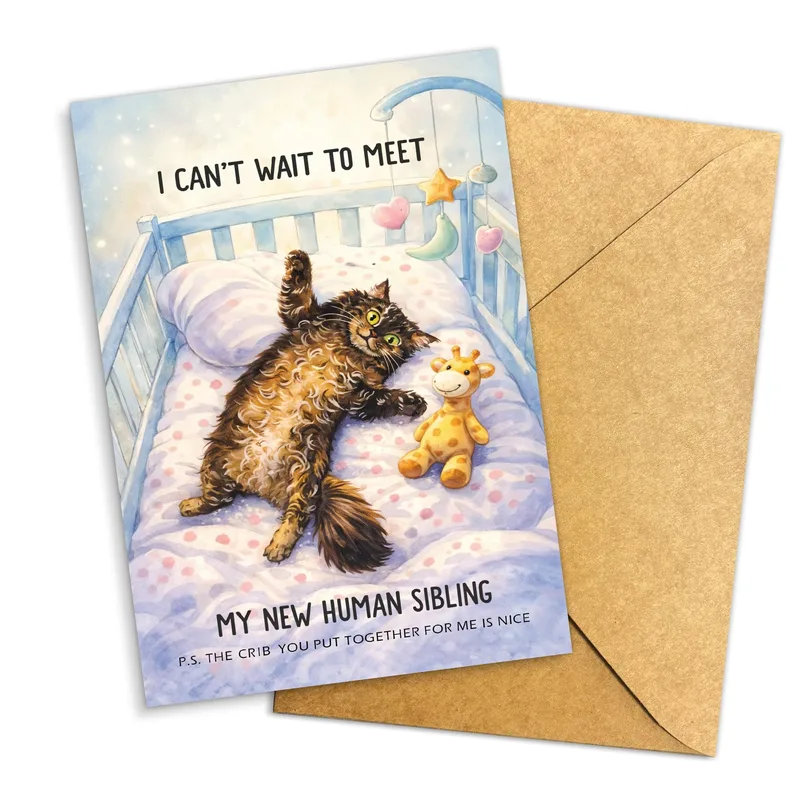 Cat New Sibling Card: Cat Meets Baby in a Crib