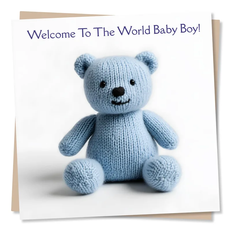 Blue Knit Teddy Bear Card – Greeting Card in natural