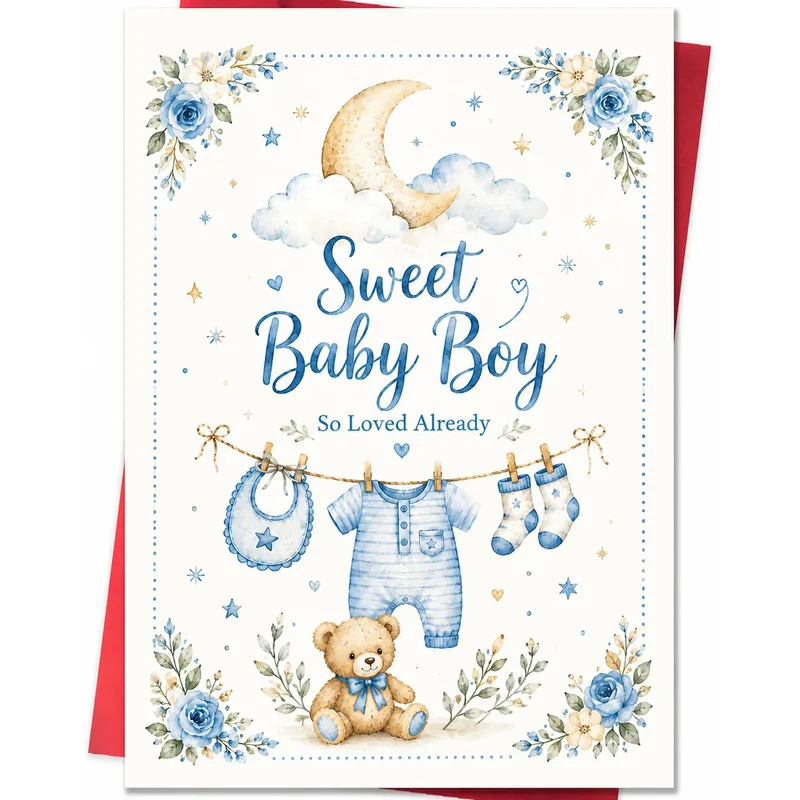Sweet Baby Boy Card – Sweet Baby Boy, So Loved Already, blue baby clothes card – Greeting Card in black