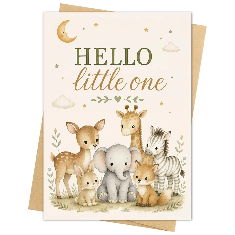 Hello Little One New Card: Woodland Animals Watercolor
