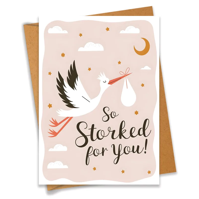 So Storked Card: A Blush Stork Hello for New Parents