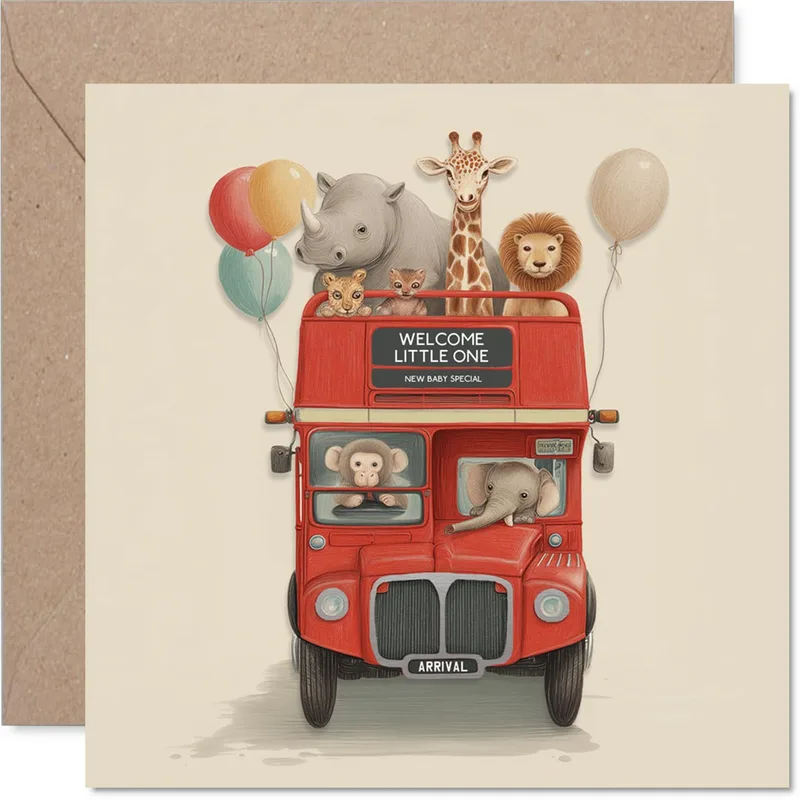 Welcome Little One New Card – Red double-decker bus with animals and balloons, Welcome Little One – Greeting Card in black