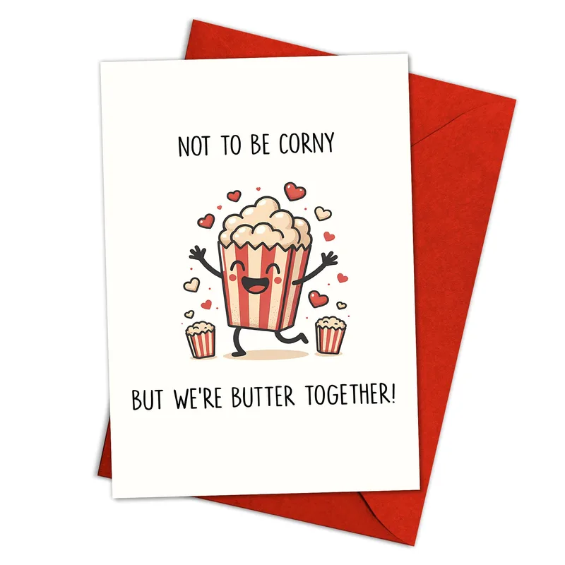 Butter Together Card – Cartoon popcorn bucket with text: Not to be corny, but we're butter together! – Greeting Card in black