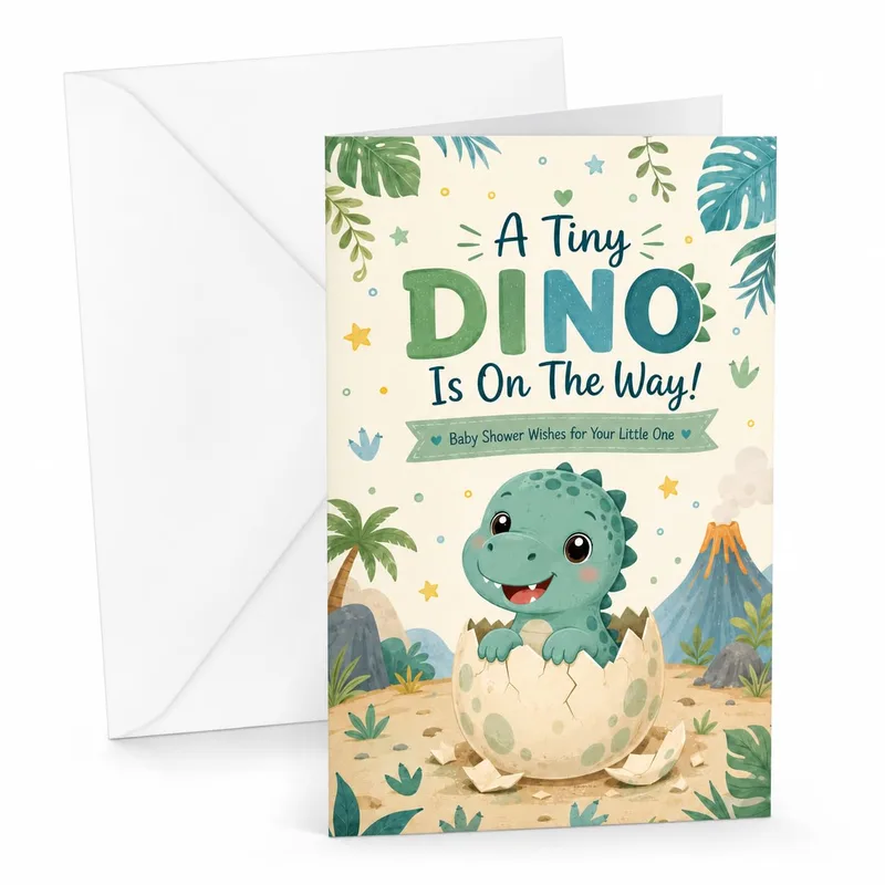 A Tiny Dino Card – Green baby dinosaur hatching from egg, A Tiny DINO is On The Way – Greeting Card in black