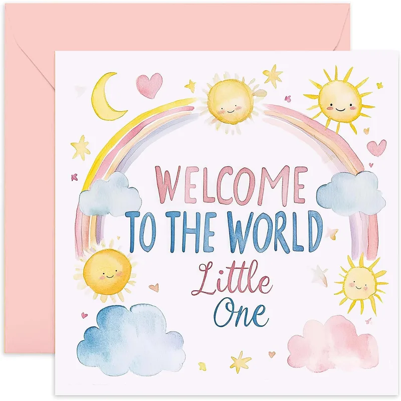Watercolor Rainbows Suns Clouds Card for a New Baby Girl Welcome
