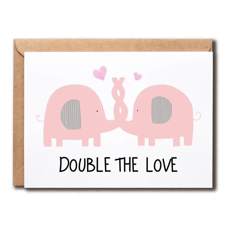 Pregnancy Twins Card: Double the Love, Pink Elephants
