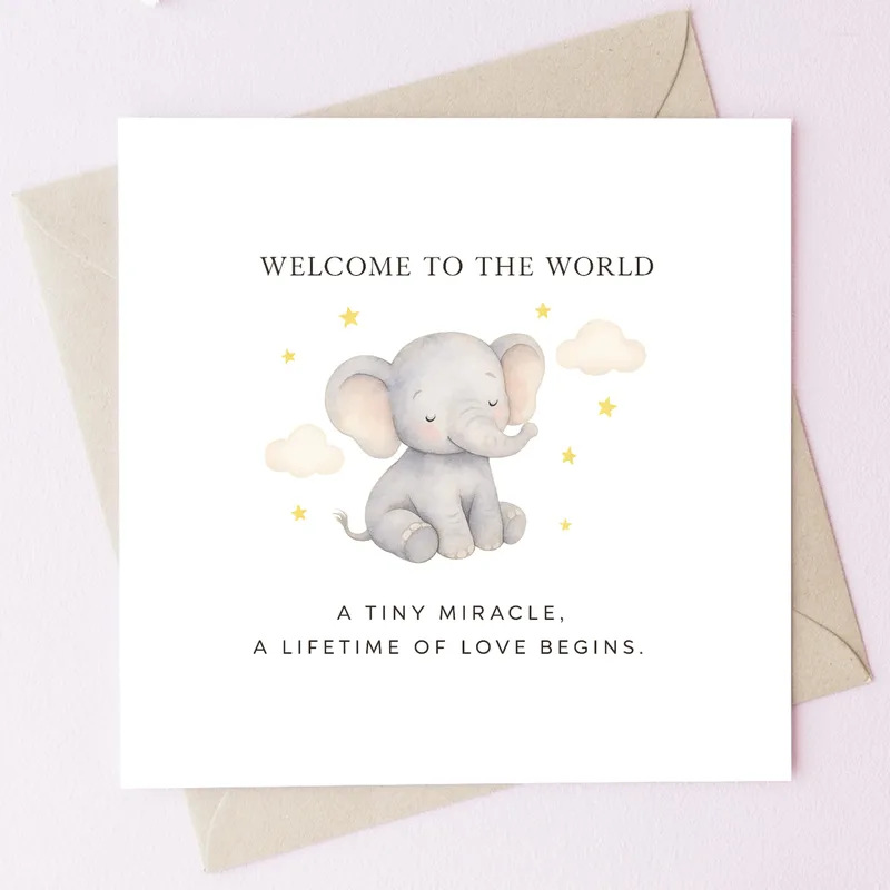 Watercolor Baby Elephant Card Welcoming a Tiny Miracle with Love