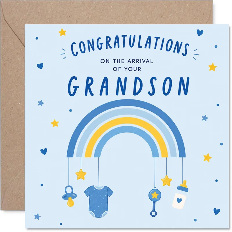 Grandson Arrival Card – Blue rainbow card reading Congratulations on the arrival of your grandson – Greeting Card in black