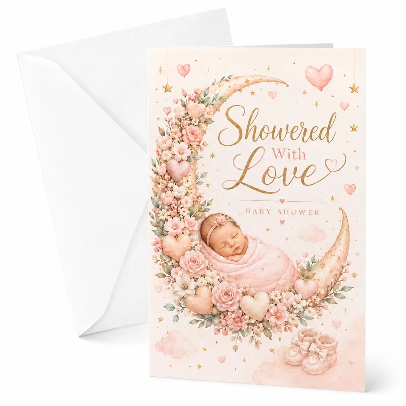 Pink Watercolor Moon Baby Card features a sleeping baby