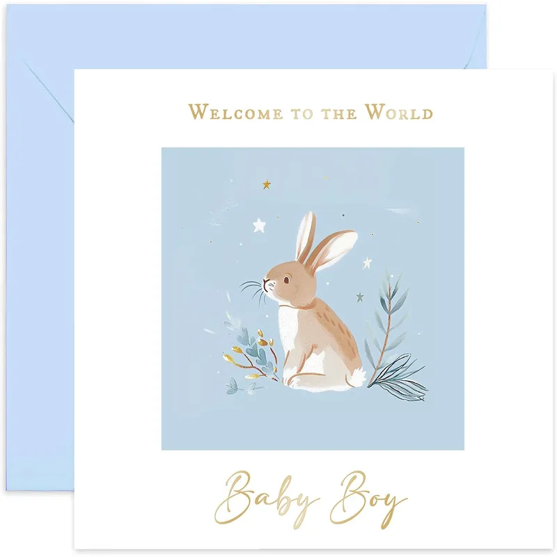 Blue Watercolor Bunny Card for a New Baby Boy