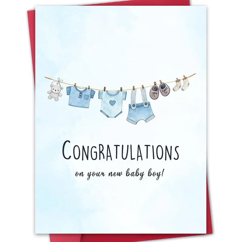 Blue Baby Clothesline New Baby Card for a Newborn Boy