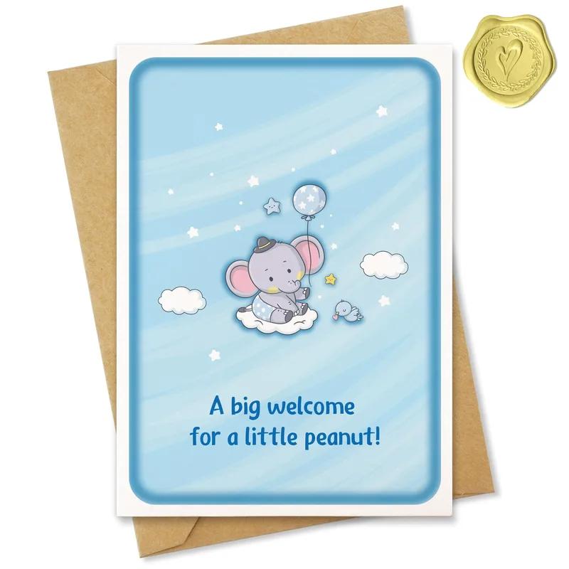 Blue Elephant Sky New Baby Card: Big Welcome Peanut Greeting