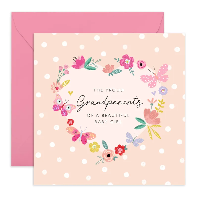 Pink Floral Heart New Baby Card Celebrating Proud Grandparents