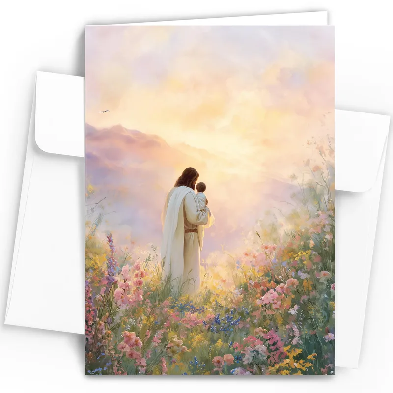 Jesus Child Flowers Sympathy Card featuring a soft painting of Jesus