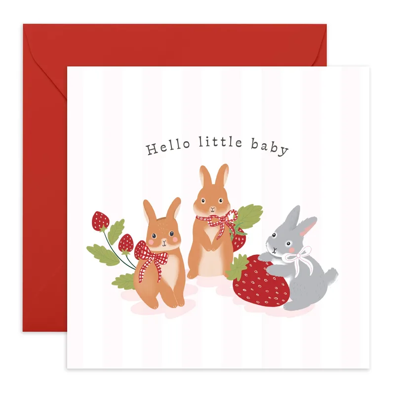 Cute Bunnies Strawberries New Baby Card Welcoming Newborn