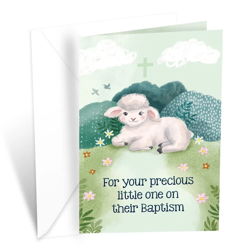 Lamb Green Meadow Scene Card Celebrating a Baby's First Communion