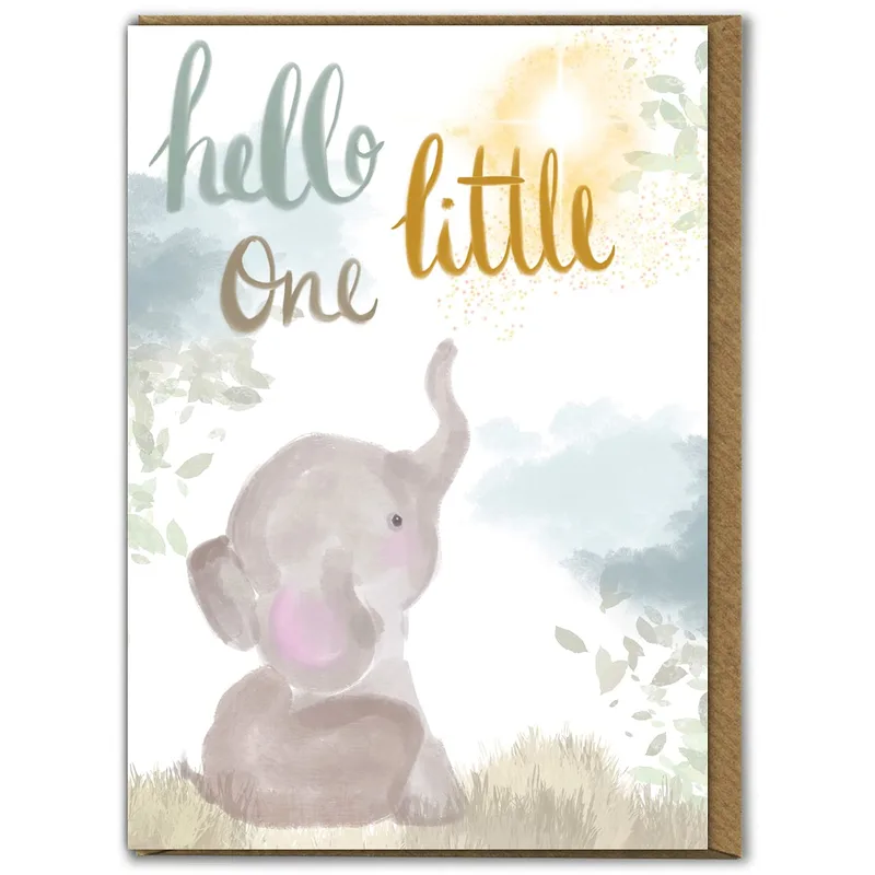 Elephant Sunshine New Baby Card features a watercolor