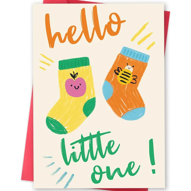 Socks Red Border New Baby Card Hello Little One Greeting
