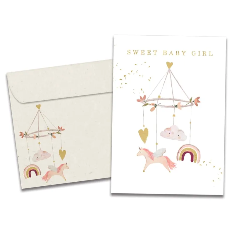 Baby Mobile Unicorn New Baby Card featuring a sweet baby girl mobile