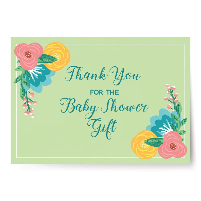 Green Floral Border Thank You Card for New Baby Celebrations