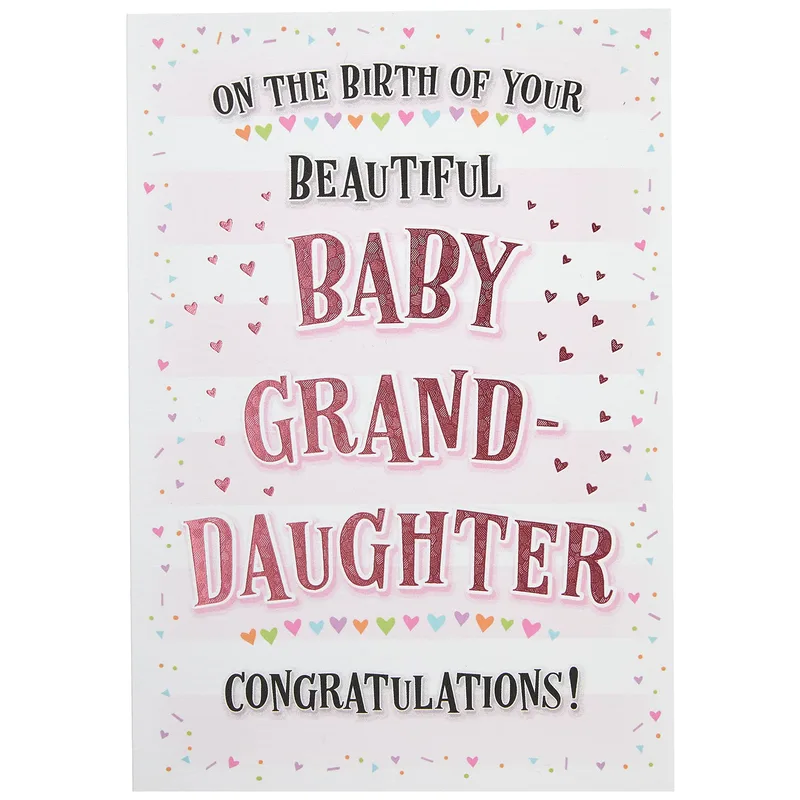 Hearts Confetti Border New Baby Card Celebrating a Granddaughter