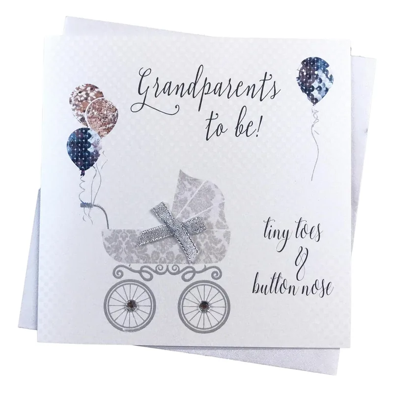 Grey Pram Balloons Pregnancy Card for Grandparents to Be