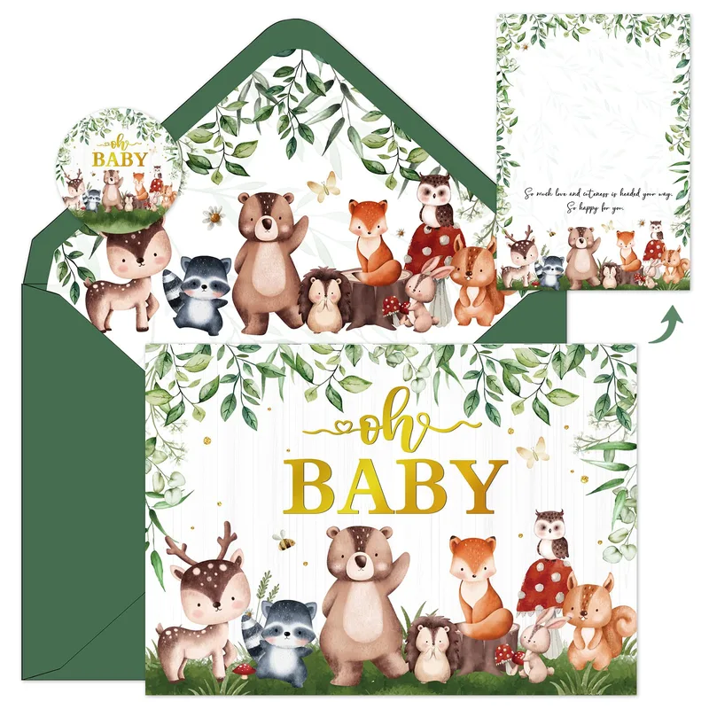 Animals Green Border New Baby Card features a golden oh BABY