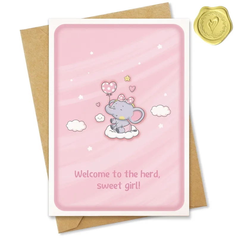 Pink Elephant Clouds New Baby Card Welcomes a Little Girl