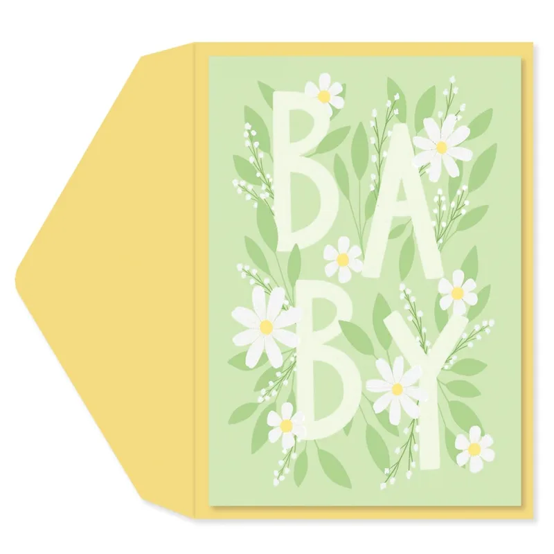 Green Daisy Letters New Baby Card: Floral Typography for New Parents