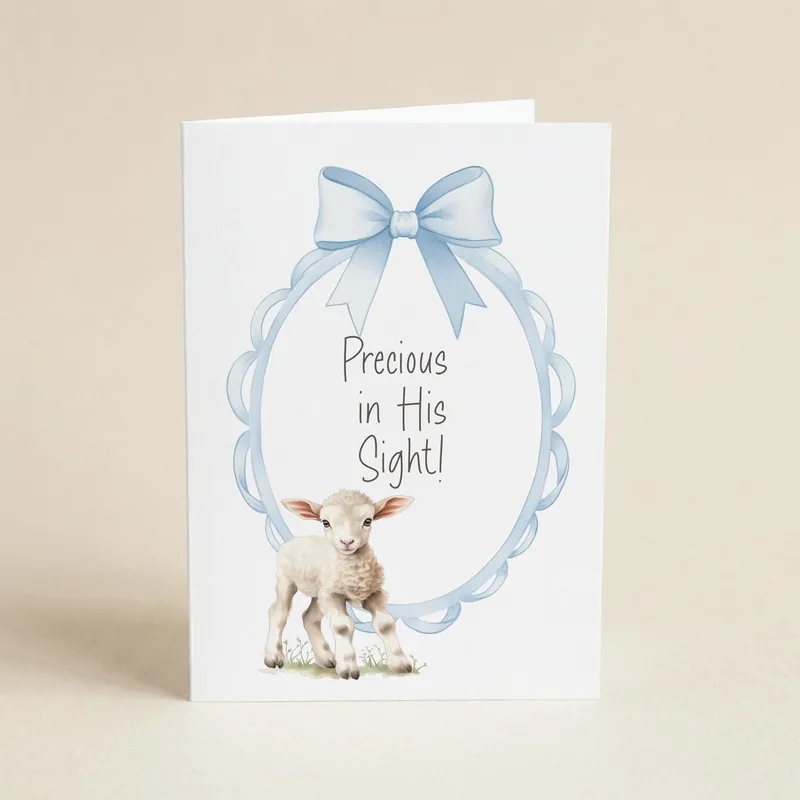 Lamb Blue Wreath Frame Card Celebrating a New Baby with Faith