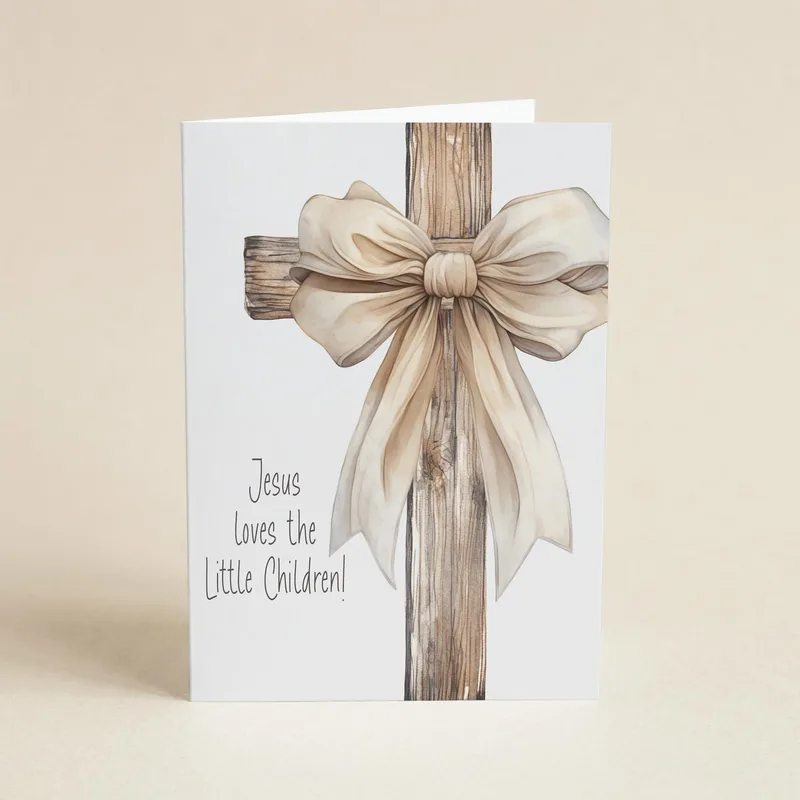 Cross with Bow Card: Jesus Loves the Little Children